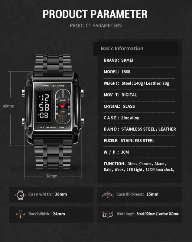 SKMEI هذه الساعة الرقمية العصرية بتصميمها الأنيق والعملي. تتميز الساعة بسوار وحافظة سوداء، مع واجهة تعرض الوقت بأرقام كبيرة وواضحة.