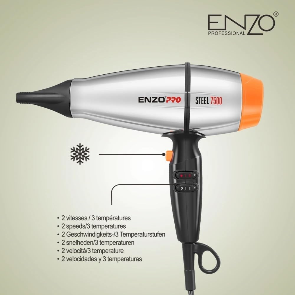 مجففة الشعر الاحترافية من علامة ENZO® بتصميمها الأنيق والعصري، حيث تجمع بين الفولاذ المقاوم للصدأ واللون الأسود مع لمسات برتقالية جريئة.