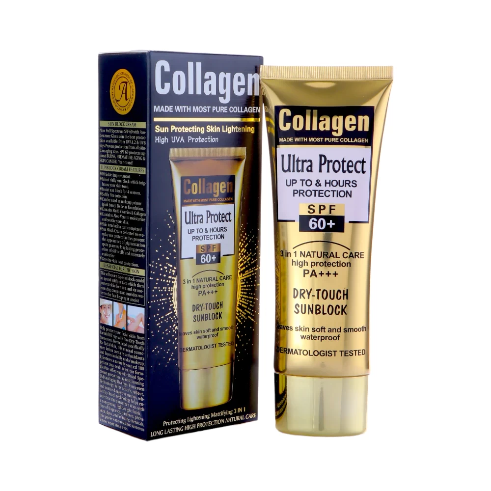 منتج فاخر للعناية بالبشرة "collagen ultra protect" الذي يوفر حماية فائقة تصل الى 8 ساعات يتميز بمعامل حماية +spf 60 مما يجعله مثاليا لحماية البشرة من اشعة الشمس الضارة